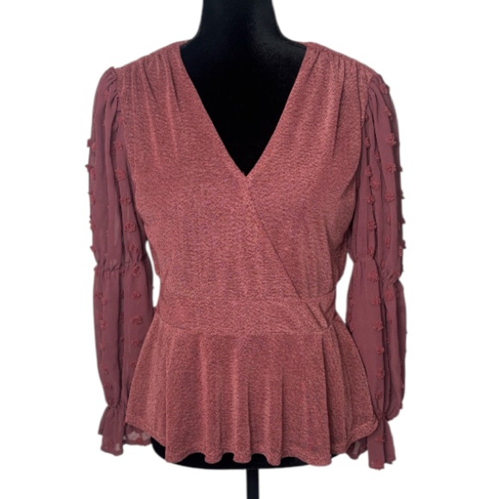 Ember - Elegant V-Neck Mauve Peplum Swiss Polka Dot Top - Size Medium